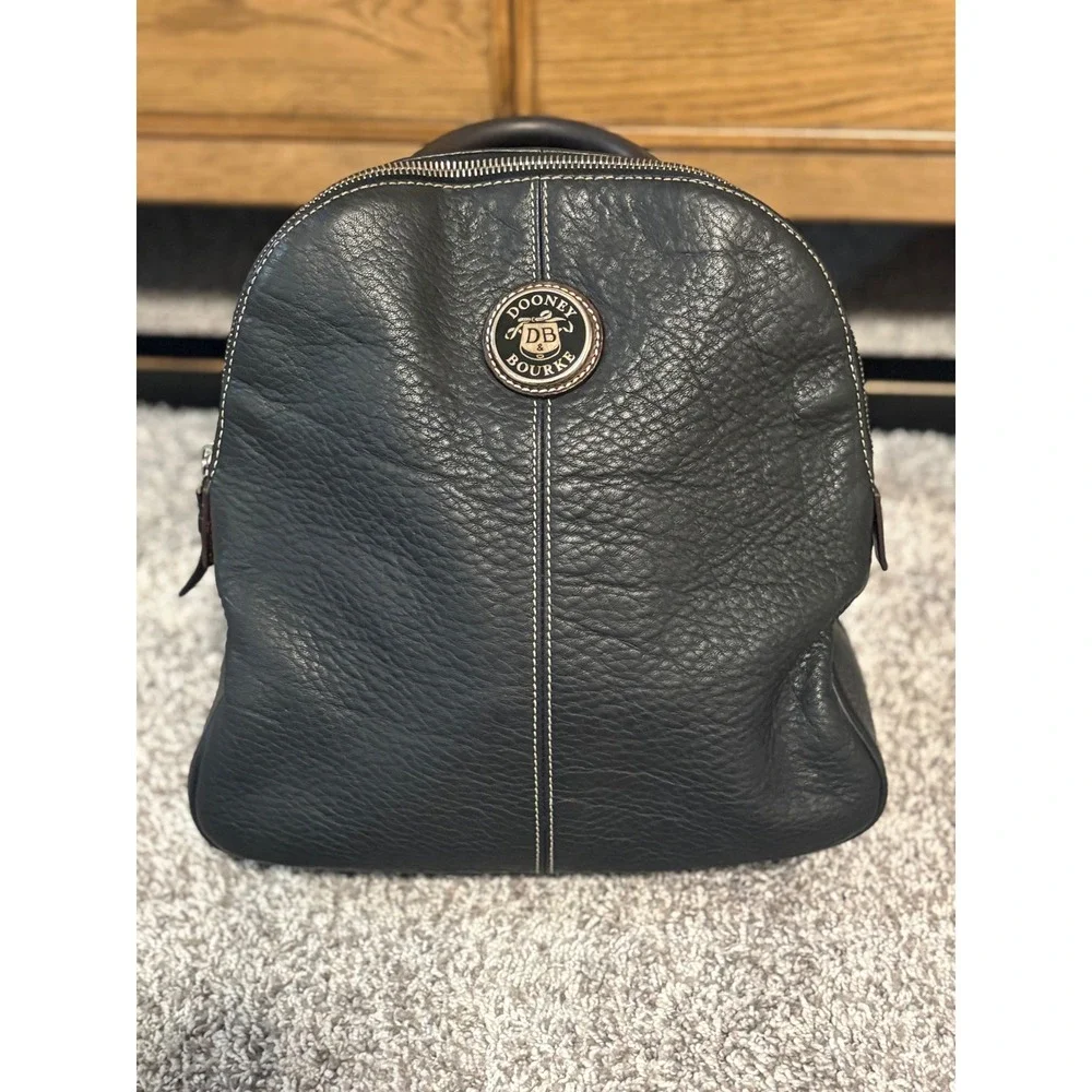 Dooney & Bourke Vintage Black Pebbled Leather Dome Backpack Brown Straps